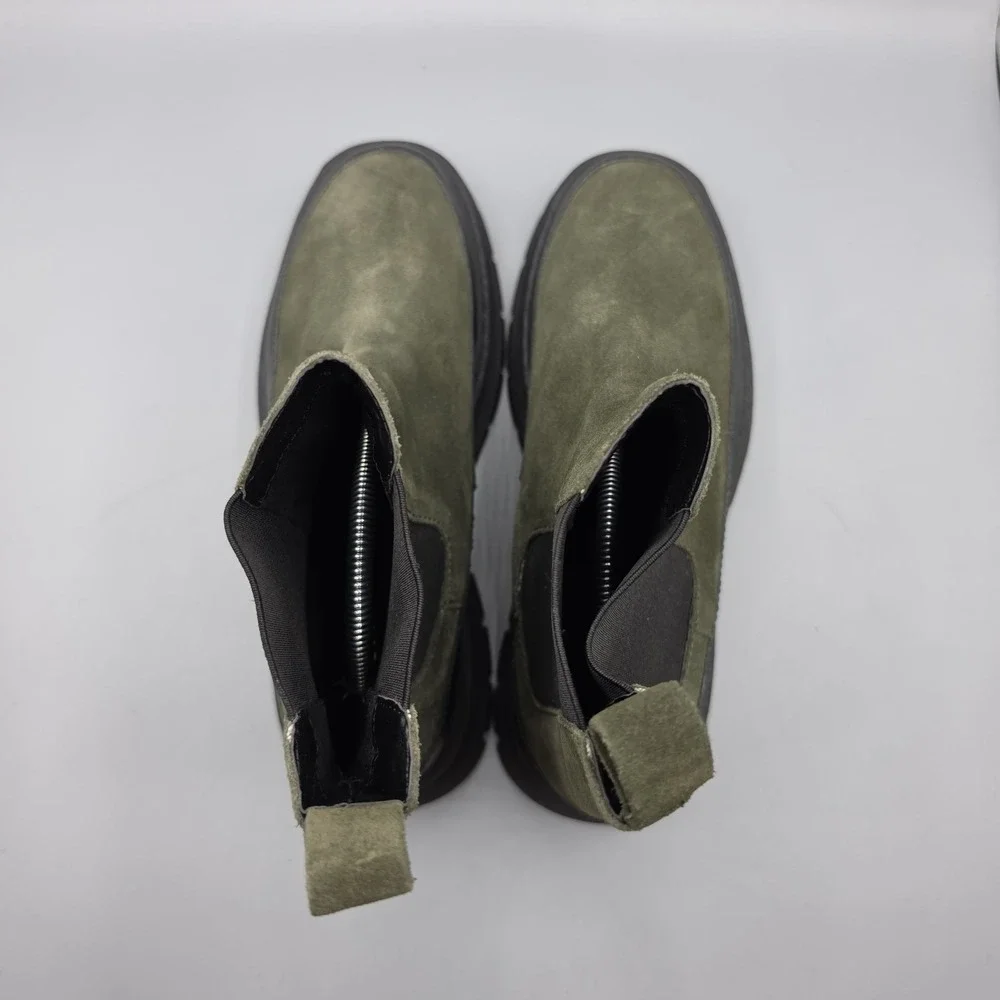 Maeve Anthropologie Chelsea Boots Womens 38 Green Suede Chunky Lug Sole Platform